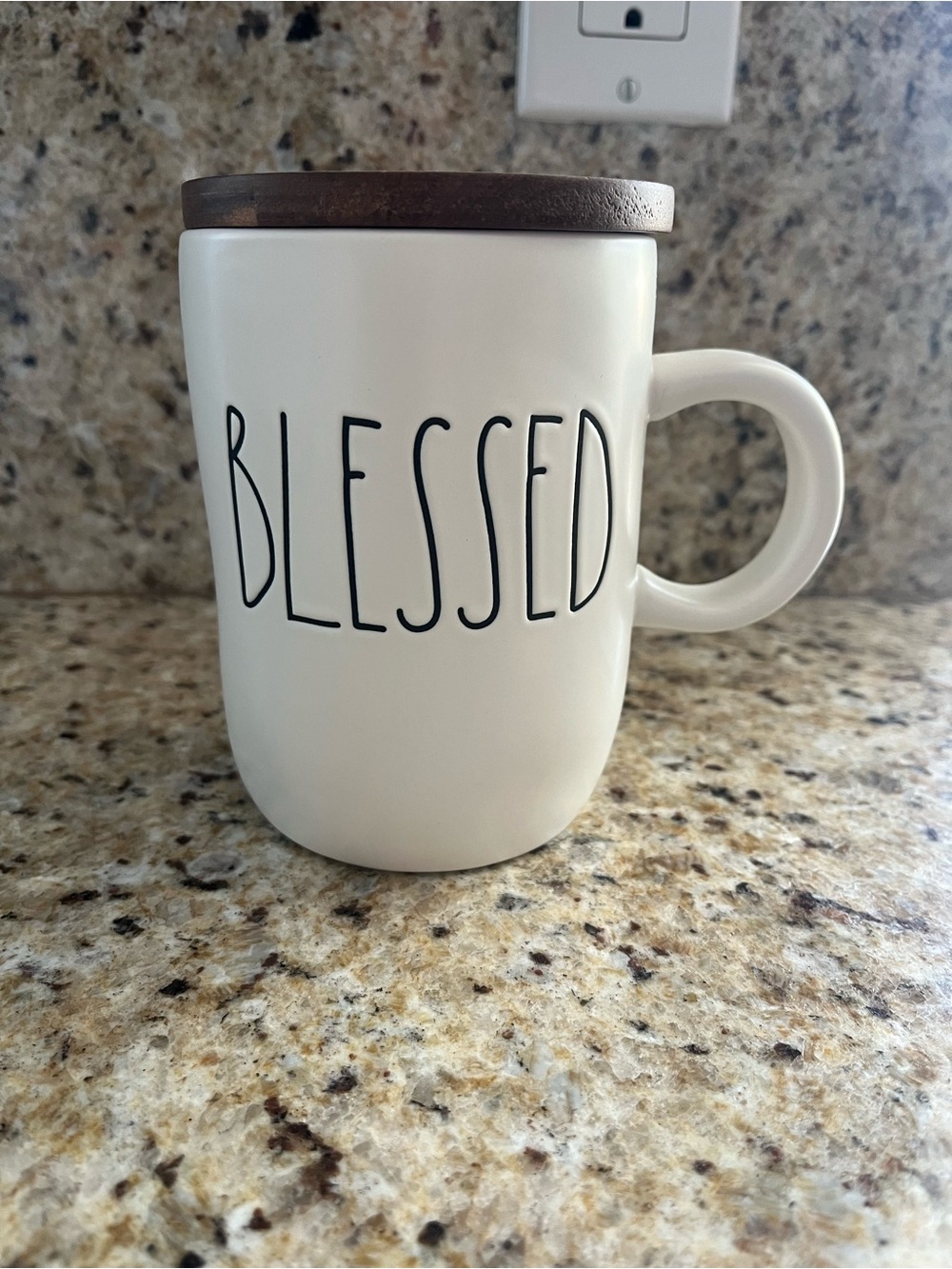 Rae Dunn 'BLESSED' Cream Ceramic Mug with Dark Wood Lid